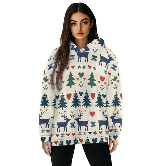 FOR U DESIGNS Christmas Deer Women's Lightweight Hooded Sweaters Hoodies Pullover Sweatshirts Size S Oversized Sweatshirt for Women Loose Fit Long Sleeve Hoodie Graphic