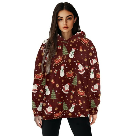 FOR U DESIGNS Christmas Santa Claus Women's Casual Hoodies Long Sleeve Sweatshirts Crew Neck Hooded Pullover Tops Size S Oversized Sweatshirt for Women Loose Fit
