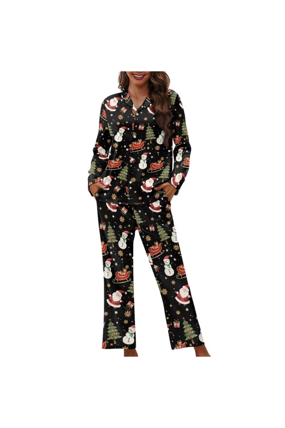 FOR U DESIGNS Christmas Snowman Pajama Sets for Women 2 Piece Button Down Tops Size XS Button Up Night Shirts for Women Santa Claus Sleepwear Long Sleeve Winter