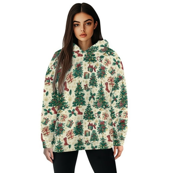FOR U DESIGNS Christmas Tree Womens Hoodie Sweater Long Sleeve Loose Knitted Pullover Sweatshirt Size M Lightweight Sweatshirts with Hood for Women Activewear Tops Winter