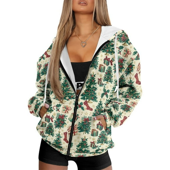 FOR U DESIGNS Christmas Tree Zip Up Hoodie Women Cardigan Oversized Comfy Hoodies Size XS Long Sleeve Sweatshirt Hooded Jackets for Women with Zipper Sportswear Winter
