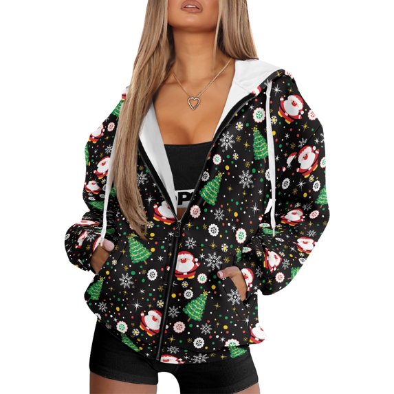 FOR U DESIGNS Christmas Tree Zip Up Hoodies for Women Oversized Hooded Cardigan Size M Long Sleeve Down-Shoulder Collar Sweatshirt for Women Activewear Sportswear Fall