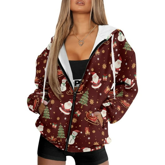 FOR U DESIGNS Christmas Zip Up Hooded Sweatshirt Women Oversized Long Sleeve Hoodies Size L Santa Claus Hoodie Long Cardigans for Women with Pockets and Drawstring