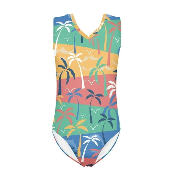 FOR U DESIGNS Coconut Tree V Neck Bathing Suit One Piece Swimsuit for Teens Girls Fashion Summer Toddlers Kids Sleeveless Beach Acticewear Size 7-8