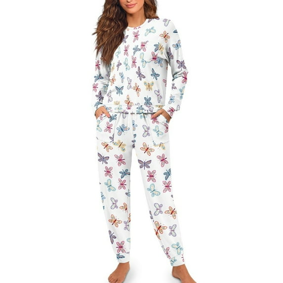 FOR U DESIGNS Colorful Butterfly Ladies Pajamas Sets Drawstring Pajama 2 Pack Size 2XL Pjs Lightweight Lounge Set with Pockets Sleepwear Long Sleeve Tops and Pants