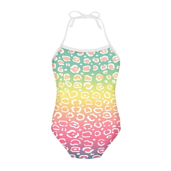FOR U DESIGNS Colorful Leopard Print Girls Swimwear Size 1-2T Novelty One Piece Bathing Suit Fashion Halter Neck Swimsuit Summer Beachwear