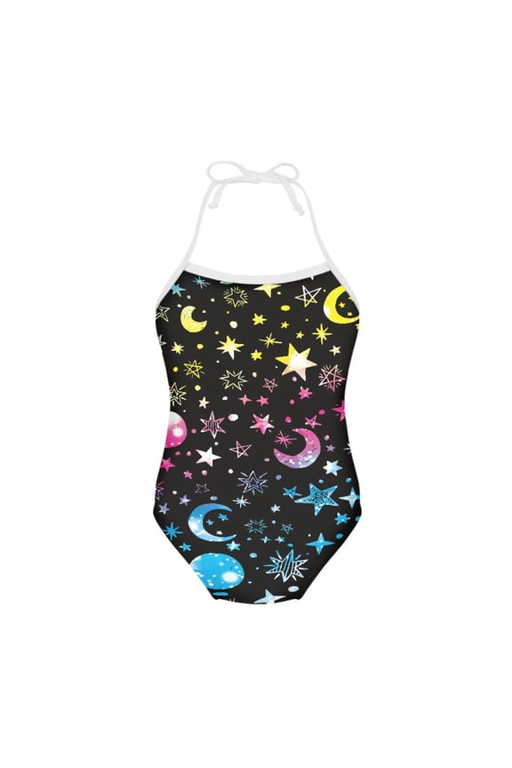 FOR U DESIGNS Colorful Moon Star Girls One-Piece Swimsuit for Swimming Pool Beach Sport Bodysuit for 5-6 Years Athletic Halter Neck Bathing Suit