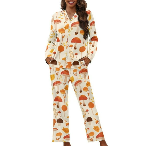 FOR U DESIGNS Colorful Mushroom Womens Pajama Sets Long Sleeve Sleepwear Button Down Shirt 2 Piece Size 4XL Nightwear Soft PJ Lounge Set Womens Button Front Jogger