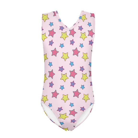 FOR U DESIGNS Colorful Stars One Piece Swimsuit Girls 5-6T Beach Pool Outfits Lightweight Sleeveless Bathing Suit Cute V-Neck Gymnastics Leotard
