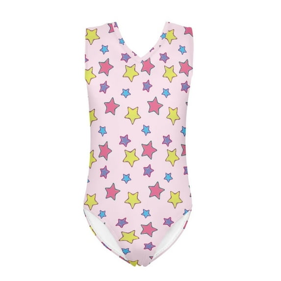FOR U DESIGNS Colorful Stars One Piece Swimsuit Girls 9-10T Beach Pool Outfits Lightweight Sleeveless Bathing Suit Cute V-Neck Gymnastics Leotard
