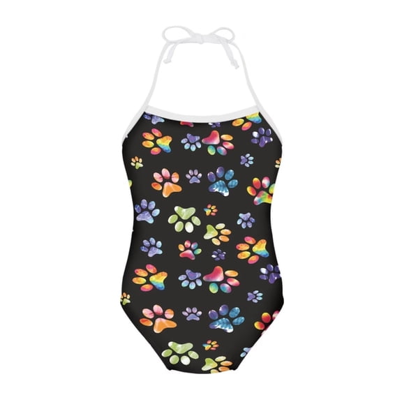FOR U DESIGNS Colorufl Dog Paw Teen Girls Halter Bikini Swimsuit Breathable Summer Beach Swimwears Breathable Off Shoulder Bathing Suit Size 3-4