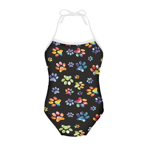 FOR U DESIGNS Colorufl Dog Paw Teen Girls Halter Bikini Swimsuit Breathable Summer Beach Swimwears Breathable Off Shoulder Bathing Suit Size 5-6