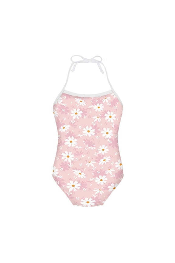 FOR U DESIGNS Comfy Daisy Halter Swimsuit for Teens Kids Lightweight Off Shoulder Swimwear Breathable Quick Dry Beach Bathing Suit Size 3-4, Pink