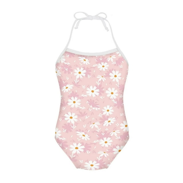 FOR U DESIGNS Comfy Daisy Halter Swimsuit for Teens Kids Lightweight Off Shoulder Swimwear Breathable Quick Dry Beach Bathing Suit Size 7-8, Pink