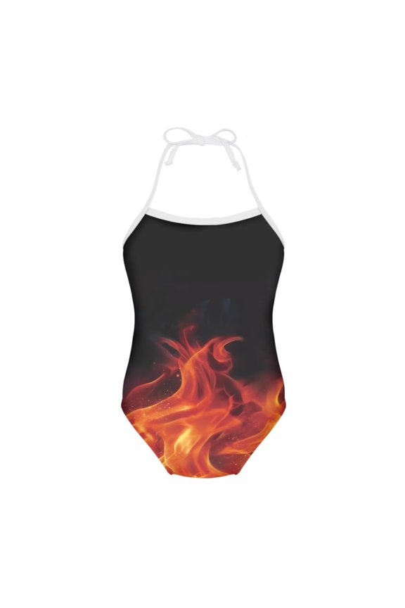 FOR U DESIGNS Cool Fire Halter Neck Swimsuits for Teens Girls 7-8Y Novelty One Piece Bathing Suit Personalized Off Shoulder Lace-up Swimwear