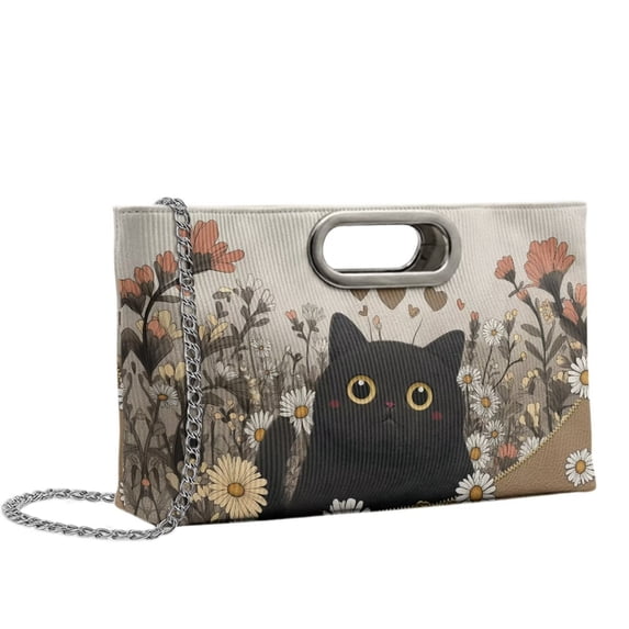 FOR U DESIGNS Cute Cat Daisy Floral Print Clutch Purse for Women Evening Clutch Leather Bag with Chain Elegant Handbag for Party Prom Wedding
