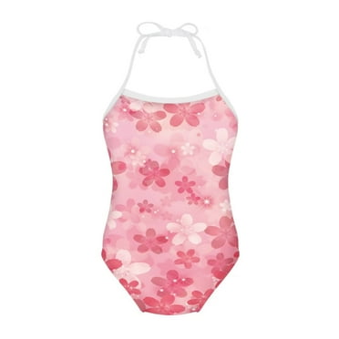 FOR U DESIGNS Cute Girls One Piece Swimsuit Sakura Sleeveless Halter Neck Swimming Suit Personalized Pink Lace-up Bathing Suit Swimwear Size 1-2