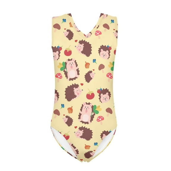 FOR U DESIGNS Cute Girls Sleeveless Swimsuit Hedgehog Mushroom One Piece V-Neck Swimwear Comfortable Summer Beach Bathing Suit for Kids 5-6T, Yellow
