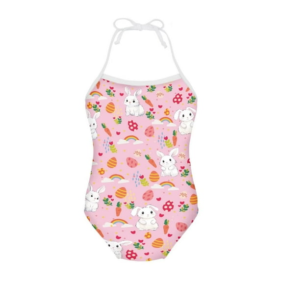 FOR U DESIGNS Cute Girls Swimsuit One Piece Pink Sleeveless Swimwear for 5-6 Years Old Girls Easter Egg Rabbit Off Shoulder Summer Beach Wear
