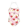 thumbnail image 1 of FOR U DESIGNS Cute Swimsuits for Teen Girls Halter Neck Bathing Suit Size 9-10 Strawberry Daisy Bee Sleeveless Swimwear with Adjustable Neck Strap, 1 of 6