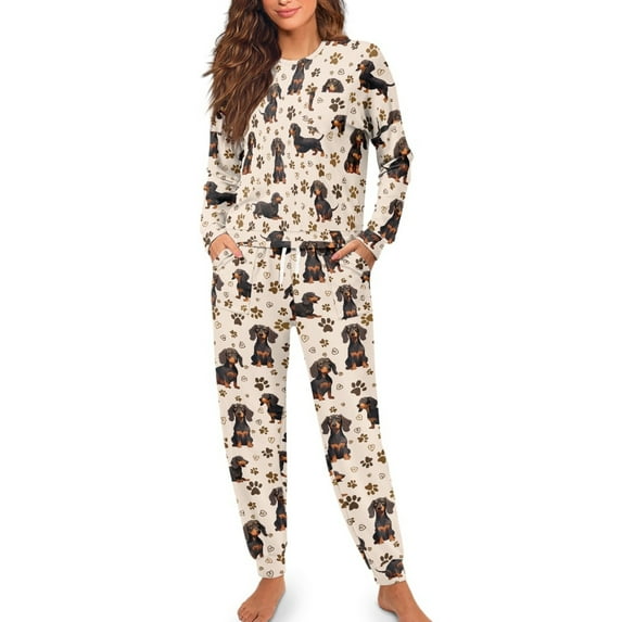 FOR U DESIGNS Dachshund Paw Pajamas Sets for Women Long Sleeve 2 Piece Size L Pj Set for Women Long Pants with Drawstring Nightwear with Long Crew Neck Tops Winter