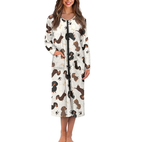 FOR U DESIGNS Dachshund Print Women Nightgown Breathable Long Sleeve Duster Robe Lightweight Woven Housecoat House Dresses for Woman with Pockets , M