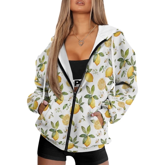 FOR U DESIGNS Daisy Lemon Hooded Jackets for Women Zip Up Oversized Hoodies Size S Long Sweatshirt Hoodie Jackets for Women with Zipper Down-Shoulder Collar Sportswear