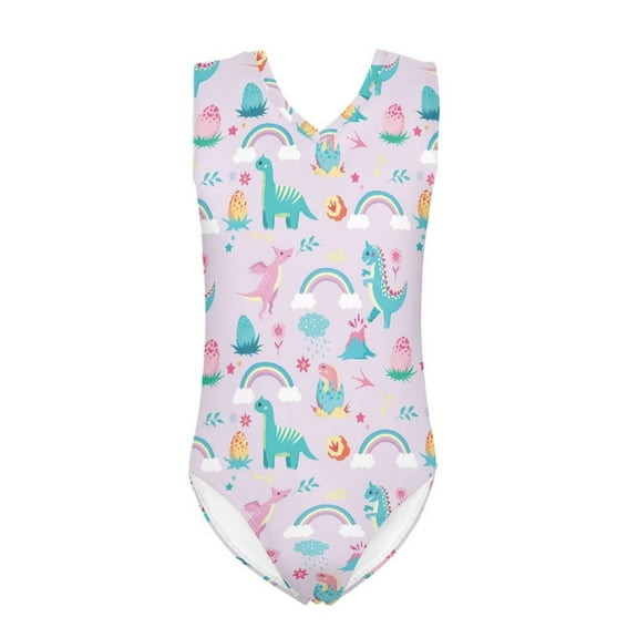 FOR U DESIGNS Dinosaur Rainbow Girls Swimsuit One Piece Size 3-4 Years Adorable Sleeveless Bathing Suit for Beach Swimming Pool Quick Dry Activewear