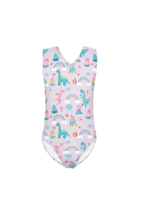 FOR U DESIGNS Dinosaur Rainbow Girls Swimsuit One Piece Size 7-8 Years Adorable Sleeveless Bathing Suit for Beach Swimming Pool Quick Dry Activewear