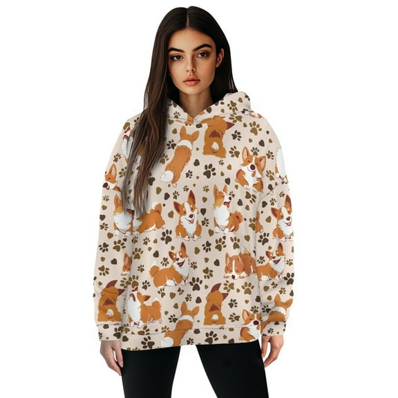 FOR U DESIGNS Dog Paw Corgi Women Oversized Hoodies Pullover Hooded Sweatshirt Casual Long Sleeve Tops Sweater Size L Women Activewear Tops Loose Fit Fall
