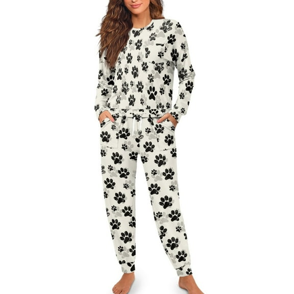 FOR U DESIGNS Dog Paw Pajamas for Women Set Pants Long Sleeve Crew Neck Tops for Women Set of 2 Size 2XL Drawstring Sleepwear Comfortable Nightwear Jogger Fall