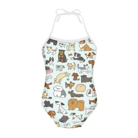 FOR U DESIGNS Dog Theme Girls Swimming One-Piece Swimsuit Size 3-4 Years Adjustable Neck Strap Quick Dry Bathing Suit Novelty Summer Swimwear