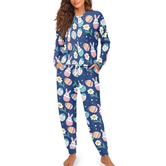 FOR U DESIGNS Easter Egg Rabbit Ladies Pajamas Sets Drawstring Pajama 2 Pack Size L Pjs Lightweight Lounge Set with Pockets Sleepwear Long Sleeve Tops and Pants