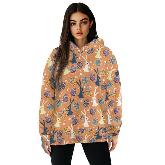 FOR U DESIGNS Easter Rabbit Hooded Oversized Sweatshirt Loose Pullover Casual Hoodies for Women Size S Ladies Activewear Long Sleeve Down-Shoulder Collar Tops for Women
