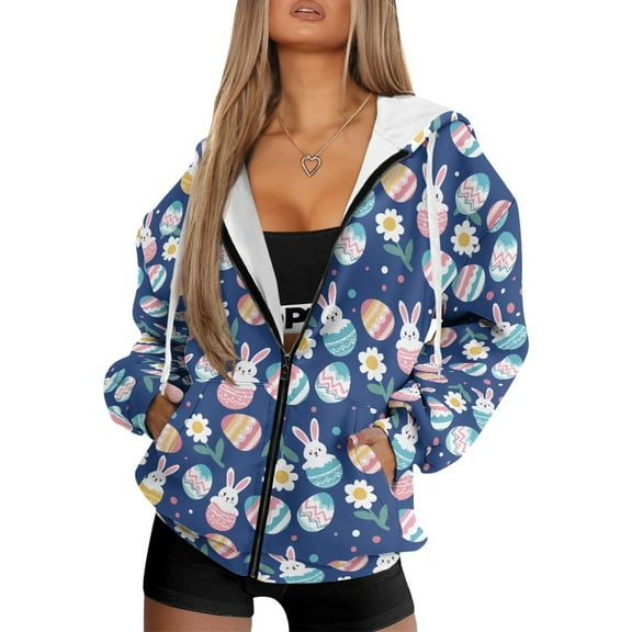 FOR U DESIGNS Easter Rabbit Hoodie Jacket for Women with Zipper Comfy Hoodies Size L Oversized Zip Hooded Sweatshirt Women Down-Shoulder Collar Activewear Winter
