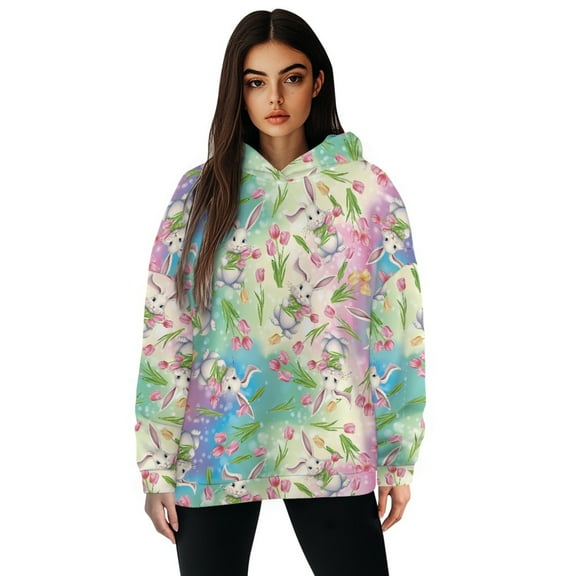 FOR U DESIGNS Easter Rabbit Oversized Hoodies Sweatshirts Hooded Pullover for Women Size XL Women Activewear Down-Shoulder Collar Tops Long Sleeve Trendy Graphic Hoodie