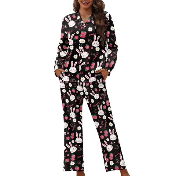 FOR U DESIGNS Easter Rabbit Womens Button Down Pajama Sets Long Sleeve Pj Pants Set 2 Piece Size XL Sleepwear Long Tops for Women Button Up Loungewear with Pockets