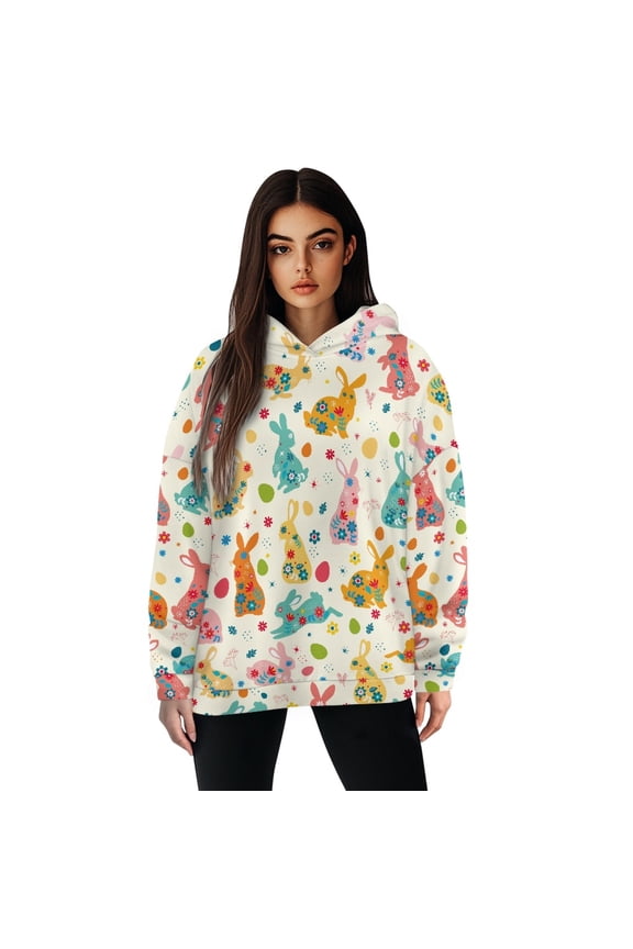 FOR U DESIGNS Easter Rabbit Womens Hooded Sweatshirt Loose Pullover Hoodies Size 2XL Sweatshirts for Women Trendy Graphic Casual Hoodie Women Long Sleeve Oversized