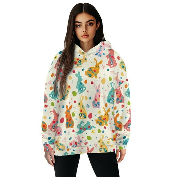 FOR U DESIGNS Easter Rabbit Womens Hooded Sweatshirt Loose Pullover Hoodies Size M Sweatshirts for Women Trendy Graphic Casual Hoodie Women Long Sleeve Oversized