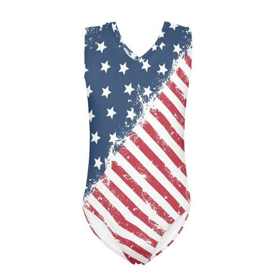 FOR U DESIGNS Elastic Girls Swimwear One Piece Size 7-8 Years Old USA Flag V Neck Athletic Sleeveless Swimwear for Beach Swimming Kids Beach Wear