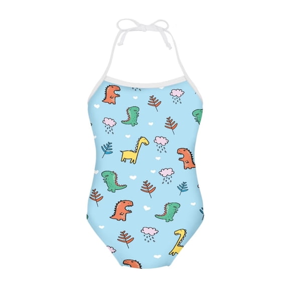 FOR U DESIGNS Fashion Blue One Piece Halter Swimsuit Teens Beach Swimming Pool Swimwear Cute Dinosaur Off Shoulder Lace-up Bathing Suit Size 9-10
