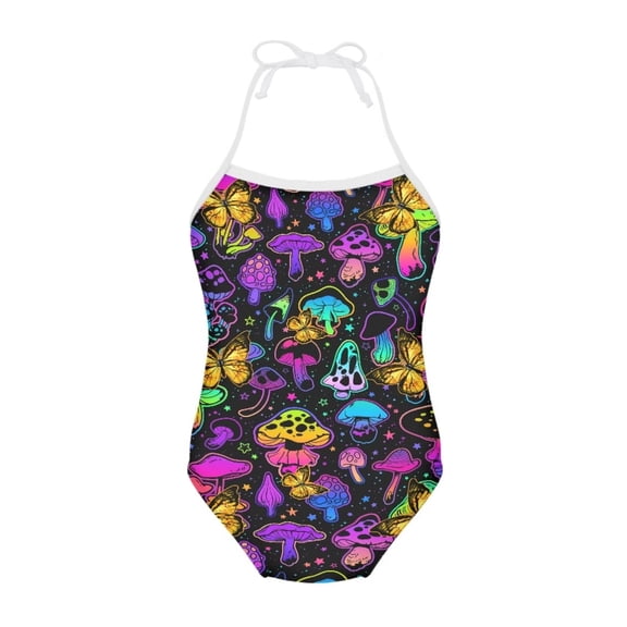 FOR U DESIGNS Fashion Girls Halter Swimsuit Size 9-10T Hippie Mushroom Stars Summer Beach Swimwear Lightweight Off Shoulder One Piece Bathing Suit