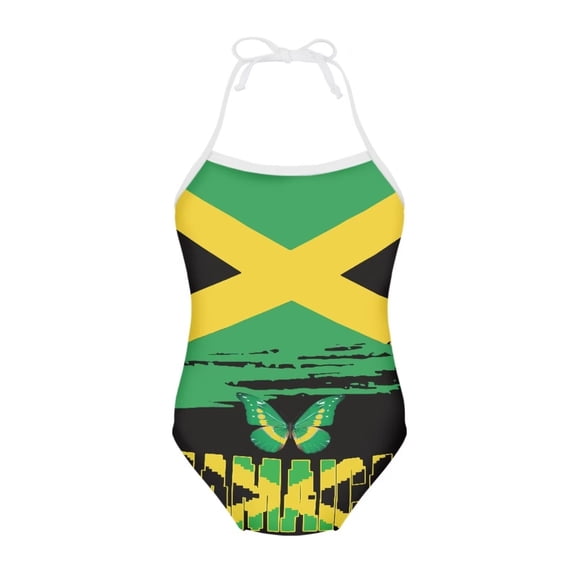 FOR U DESIGNS Fashion One Piece Swimsuit Teens Adjustable Strap Lace-up Bathing Suit Jamaican Flag Butterfly Sleeveless Halter Swimwear Size 1-2