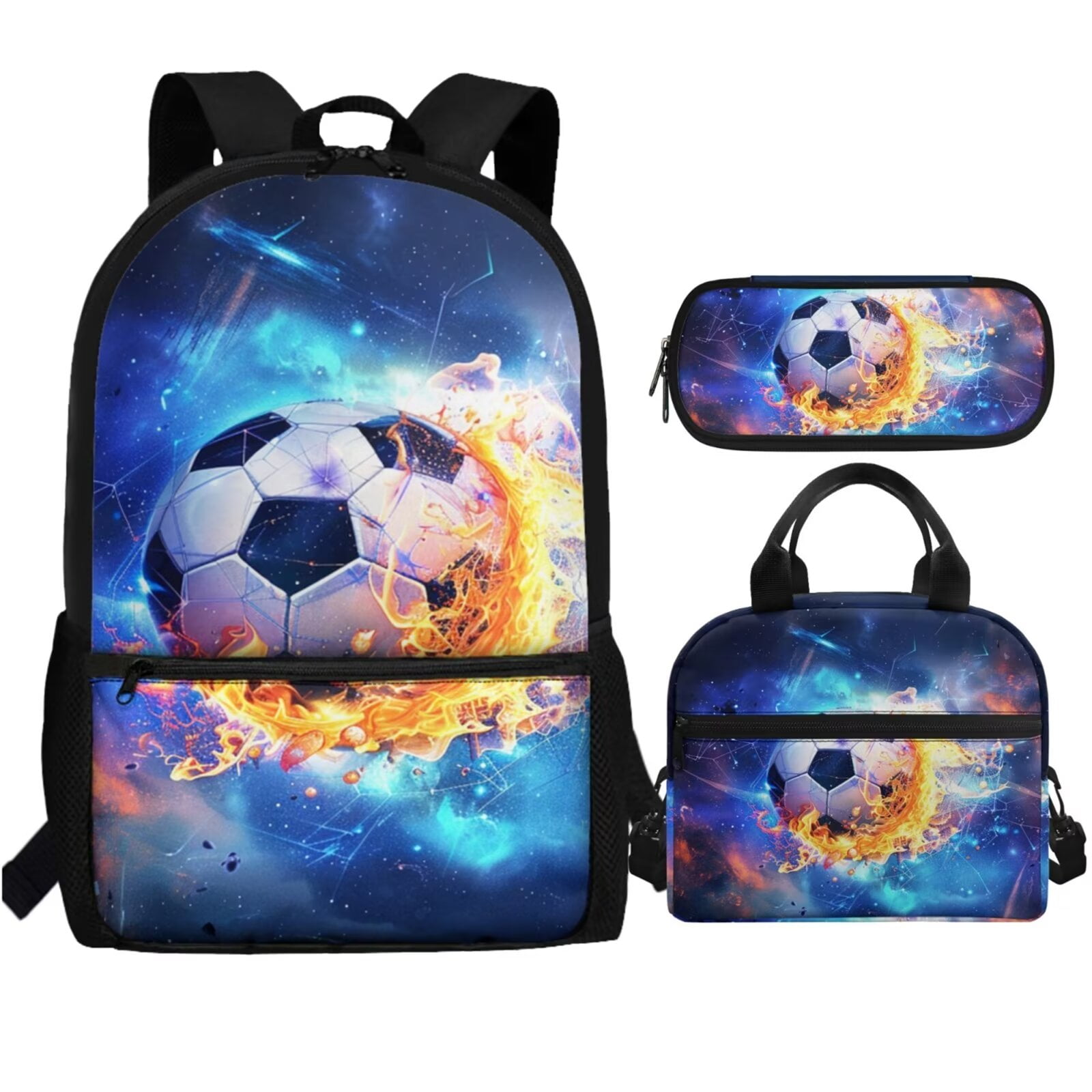 FOR U DESIGNS Fire Soccer Book Bag and Lunch Box for Boys 6th Grade 3pcs High School Backpack Set with Lunch Box Large Capacity Lunch Tote Bag Pencil Holder Pouch for Kids