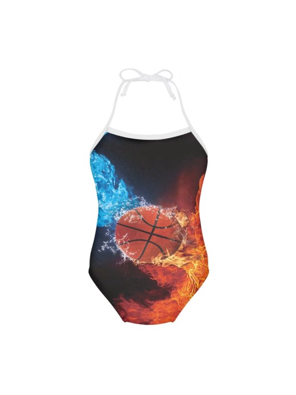 FOR U DESIGNS Fire Water Basketball Halter Bathing Suits for Girls 3-4 Years Old Lightweight Sleeveless Swimwear Leotards for Dancing Swimming