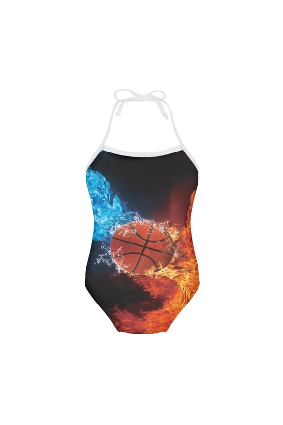 FOR U DESIGNS Fire Water Basketball Halter Bathing Suits for Girls 3-4 Years Old Lightweight Sleeveless Swimwear Leotards for Dancing Swimming