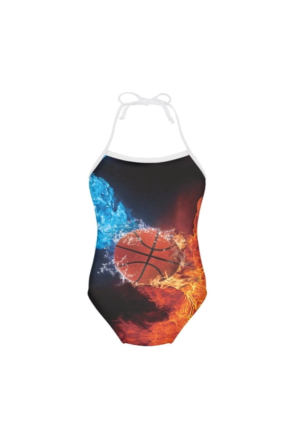FOR U DESIGNS Fire Water Basketball Halter Bathing Suits for Girls 9-10 Years Old Lightweight Sleeveless Swimwear Leotards for Dancing Swimming