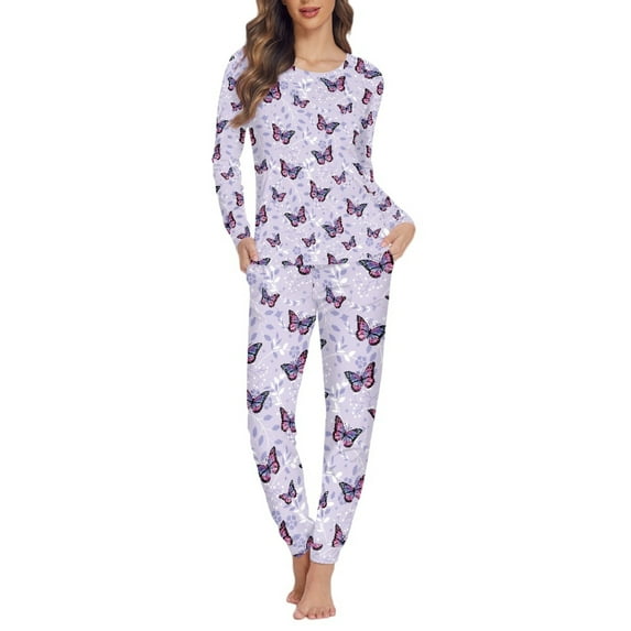 FOR U DESIGNS Flower Butterfly Long Sleeve Pajama Set for Women with Pockets 2 Pack Size 2XL Pjs Lightweight Lounge Set with Pockets Sleepwear Pants and Tops for Women