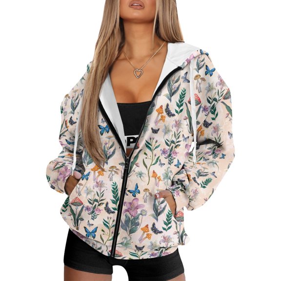 FOR U DESIGNS Flower Butterfly Zipper Hoodies for Women Cardigan Sweatshirts Lightweight Hooded Size L Oversized Zip Up Hoodie for Women Long Sleeve Sportswear Winter