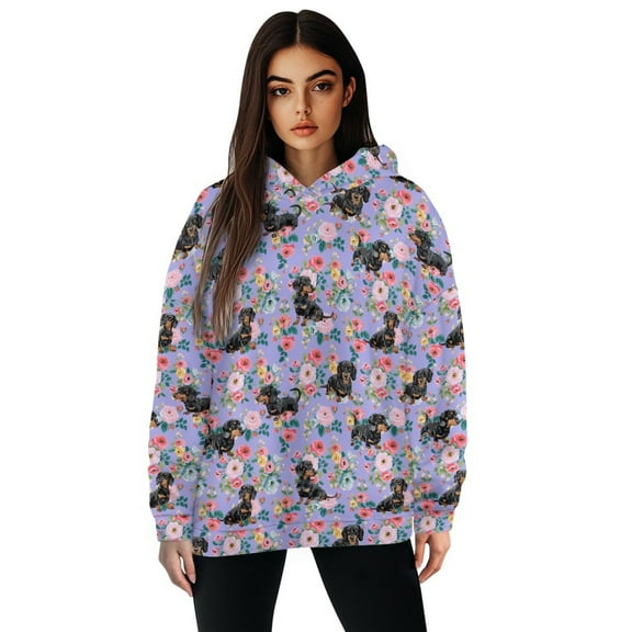 FOR U DESIGNS Flower Dachshund Hoodies Long Sleeve Lightweight Pullover Tops Loose Fit Sweatshirt Size L Women Casual Hooded Cardigan Sweater Soft Hoodie Fall